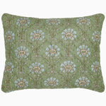 The Jeeva Sage Quilt by John Robshaw is a rectangular pillow with a green background, featuring a pattern of large blue and white flowers with intricate stems and leaves, reminiscent of a spring meadow design. This soft cotton quilted piece is both charming and cozy. - 31272430501934