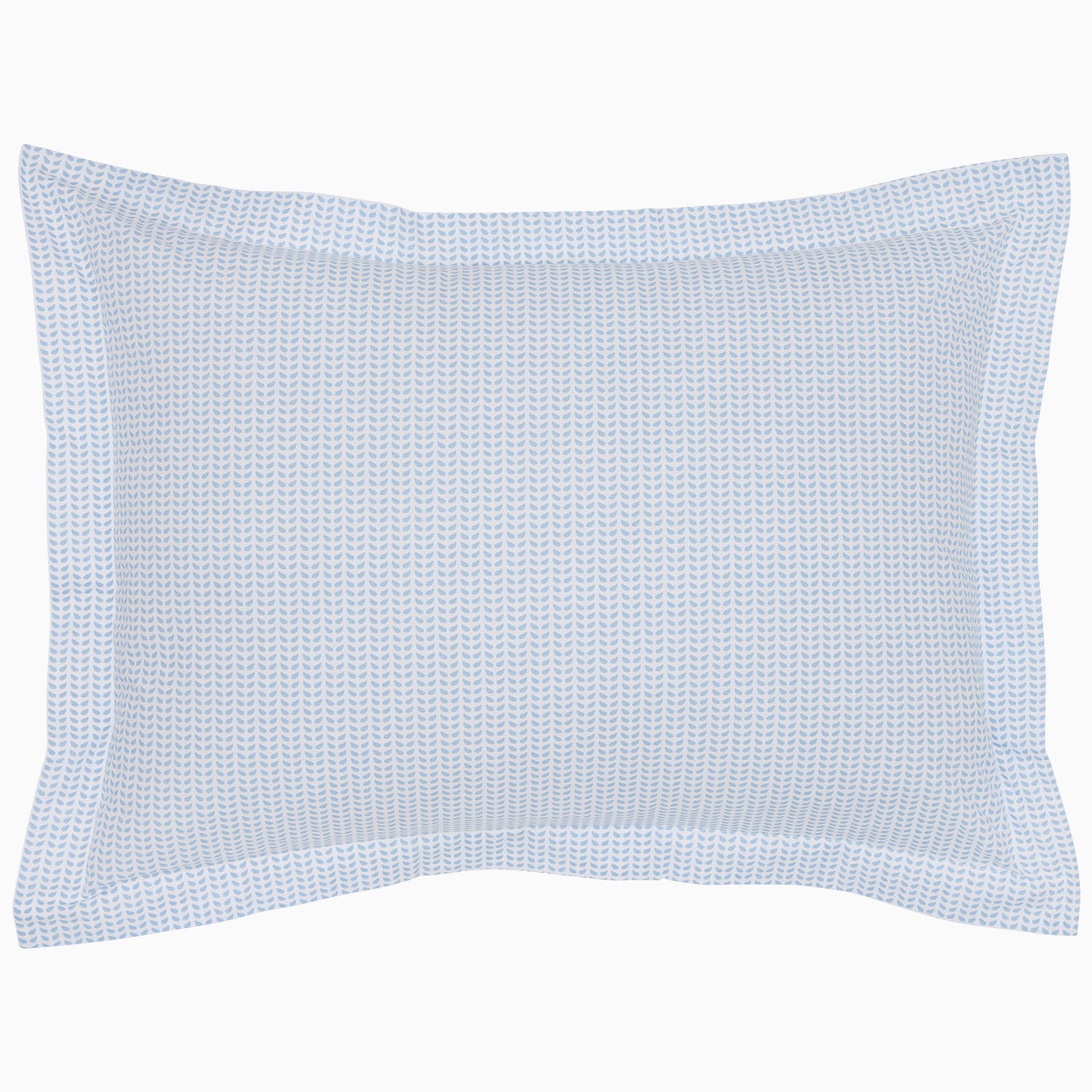 The Cinde Light Indigo Organic Duvet by John Robshaw is a rectangular pillow with a light blue and white patterned cover, featuring a 200 thread count percale with small repeated designs and a flanged edge.
