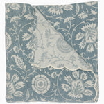 A partially unfolded Kimari Mist Coverlet by John Robshaw, showcasing its delicate woven floral patterns and scalloped edges in blue and white. - 31272435679278