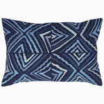 The Zain Kidney Pillow by John Robshaw is a rectangular pillow featuring blue and black geometric patterns with overlapping triangles and zigzag lines, crafted from cotton linen. - 31272657125422