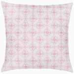 The Varsha Euro by John Robshaw is a square linen cotton pillow featuring a white background adorned with a repetitive pattern of red dotted circles, accented by intricate French knot details. - 31277018972206