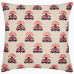 The Simar Decorative Pillow by John Robshaw is a square pillow with a white background showcasing a repeating pattern of colorful floral designs in shades of pink, blue, green, and black. This embroidered pillow also features a hidden zipper closure for easy removal and cleaning. - 31272615280686