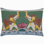 A John Robshaw Shanta Kidney Pillow displaying a decorative design featuring two detailed elephants facing each other with a lotus flower in between, set on a green background. - 31272614166574