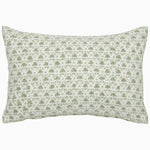 The Sanya Sage Kidney Pillow from John Robshaw features a beautifully hand block printed pattern of small green and white floral designs on rectangular linen cotton. - 31272612528174