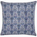 The Razia Lapis Decorative Pillow by John Robshaw features a detailed blue and white floral pattern, hand block printed and made in India. - 31272486371374