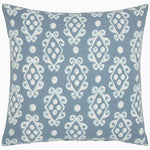 Palak Decorative Pillow by John Robshaw, a square cushion with a blue background featuring a white and light blue geometric pattern of diamonds and swirls, complete with hand-stitched edging for added elegance. - 31272493318190