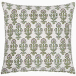 The Ojas Lavender Euro, by John Robshaw, is a square cushion with a floral pattern in green and purple on a white background, featuring exquisite embroidery details. - 31272492302382