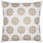 The Nivi Euro square white pillow by John Robshaw features a repeating pattern of beige floral medallions and comes with a hidden zipper closure for easy care. - 31272491155502