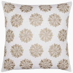 The Nivi Euro square white pillow by John Robshaw features a repeating pattern of beige floral medallions and comes with a hidden zipper closure for easy care. - 31272491155502