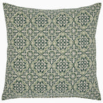 Introducing the Neyda Decorative Pillow by John Robshaw—a square throw pillow adorned with an ornate, symmetrical block print pattern in shades of green, white, and beige, featuring hand-stitched edging. - 31272490106926