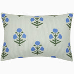 The Lucy Moss Outdoor Kidney Pillow by John Robshaw is a rectangular cushion with a green and white striped background, adorned with a repeating pattern of blue flowers accompanied by green stems and leaves, making it perfect for outdoor use. - 31272488140846