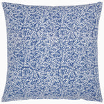 The Kiara Decorative Pillow by John Robshaw is a square throw pillow adorned with a blue and white floral pattern design, featuring hand-stitched edging on a linen cotton blend. - 31272478834734