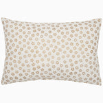 The Jia Kidney Pillow by John Robshaw is a rectangular cotton linen pillow featuring a white background adorned with a hand block printed pattern of small, light brown clovers. - 31272477294638