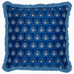 The Isaya Decorative Pillow by John Robshaw is a square blue indigo pillow with a fringe border, featuring a pattern of blue, white, and black stylized floral shapes. - 31272476344366