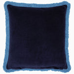 The Isaya Decorative Pillow by John Robshaw is a cotton velvet pillow in dark blue, featuring a lighter blue fringed border. - 31272476311598