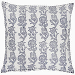 The Esha Indigo Decorative Pillow by John Robshaw showcases a charming design with blue flowers and leaves on a white background. Crafted from cotton linen, this block-printed square pillow is elegantly completed with delicate hand-stitched edging. - 31272474476590