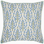 The Ashima Mist Decorative Pillow by John Robshaw features a white background adorned with an intricate, block-printed pattern of blue flowers and green leaves arranged in vertical rows, crafted from soft cotton linen. - 31272473493550