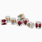 Nand Berry Beaded Napkin Rings by Tabletop, featuring intricate floral prints in red, yellow, and gray colors on a white background, Made in India (Set of 4). - 31272676917294