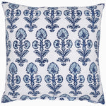 Square white pillow with a blue floral pattern in repeating rows, crafted from organic cotton percale from the Ojas Indigo Organic Duvet collection by John Robshaw. - 31272410415150