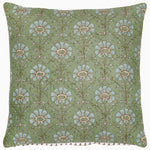 The Jeeva Sage Quilt by John Robshaw is a square throw pillow with a light green background showcasing a spring meadow design of white and light blue flowers with brown stems and leaves, all hand quilted from soft cotton. - 31272431255598