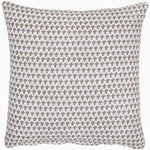 Square pillow from the Jeeva Sage Quilt collection by John Robshaw features a white background adorned with a spring meadow design of evenly distributed small, brown, and grey floral motifs. - 31272431288366