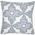 Introducing the Dasati Lapis Quilt by John Robshaw, a square decorative pillow featuring a geometric leaf pattern in shades of blue and gray on a white background, intricately hand quilted for a unique touch. - 31272423456814