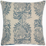 The Asma Peacock Woven Quilt by John Robshaw is a square decorative pillow with a cream background, showcasing an intricate blue floral and leaf pattern, hand quilted for an artisanal touch. - 31272419262510