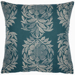 The Asma Peacock Woven Quilt by John Robshaw features a hand-quilted square teal design adorned with an intricate white floral and leaf pattern for added texture. - 31272419229742