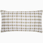 The Veda Sage Bolster by John Robshaw is a rectangular linen cotton pillow boasting a geometric pattern in beige and white on a neutral background, complete with a hidden zipper closure. - 31277024772142