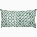 The Pipli Moss Bolster by John Robshaw is a rectangular pillow adorned with a geometric pattern of light blue and green squares and crosses, crafted from a linen cotton blend with hand-stitched edging. - 31272599879726