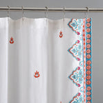 A white Sheetal Peacock shower curtain with blue and orange embroidered designs by John Robshaw. - 32490136240174