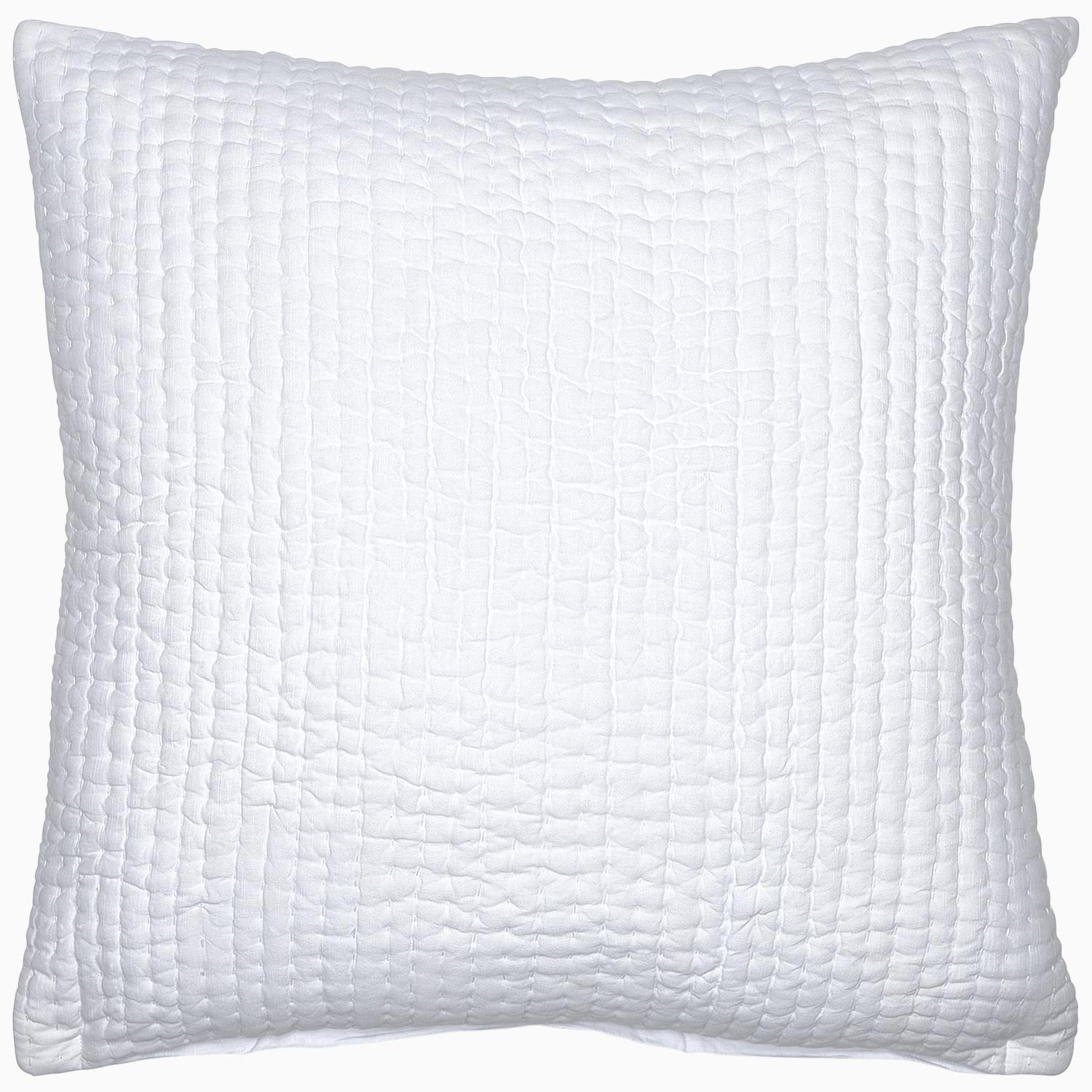 A Vivada White Woven Quilt by John Robshaw on a white background, featuring hand stitching.