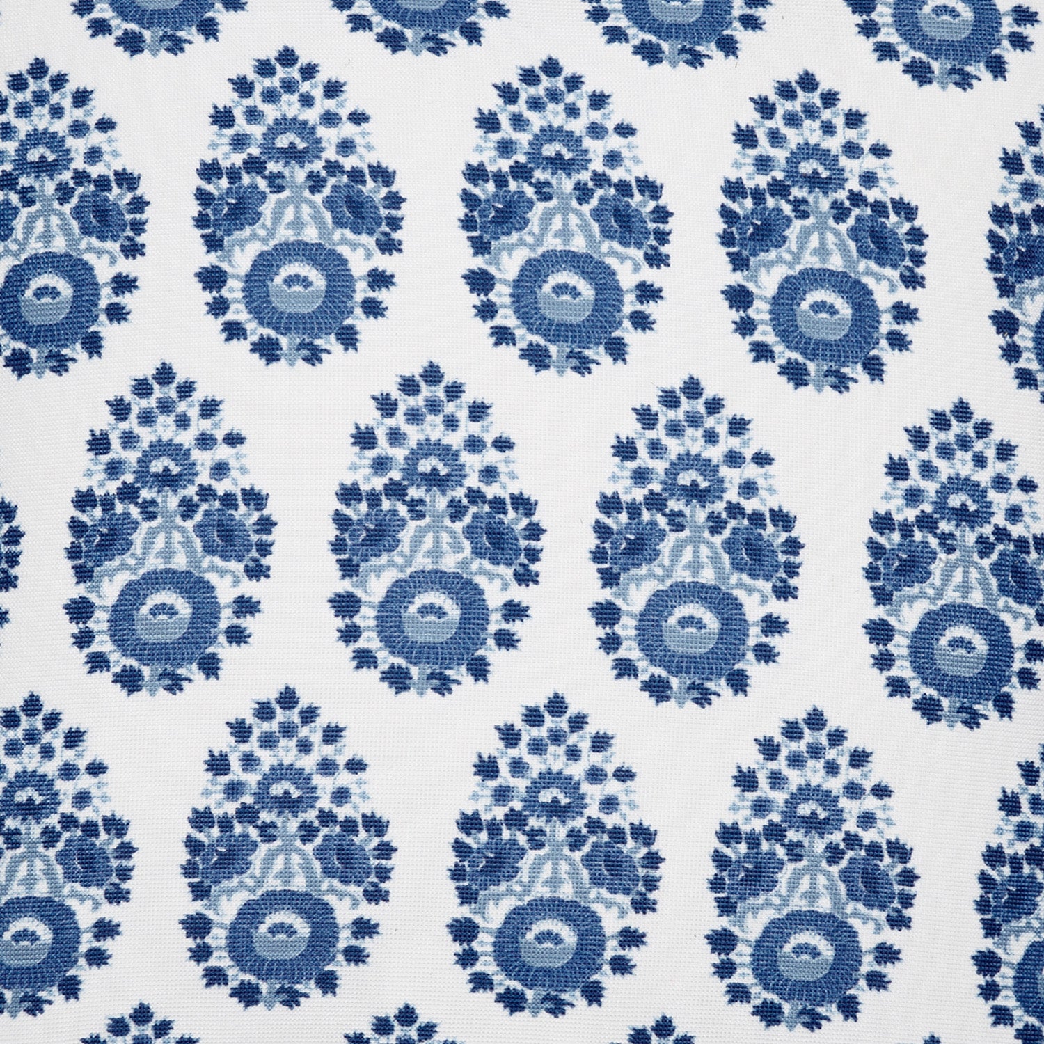 A blue and white floral pattern on a white background featuring small Adira Indigo Outdoor Decorative Pillows from John Robshaw.