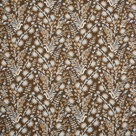 A Valli Chestnut Fabric with a digitally printed floral pattern in brown and blue by John Robshaw.