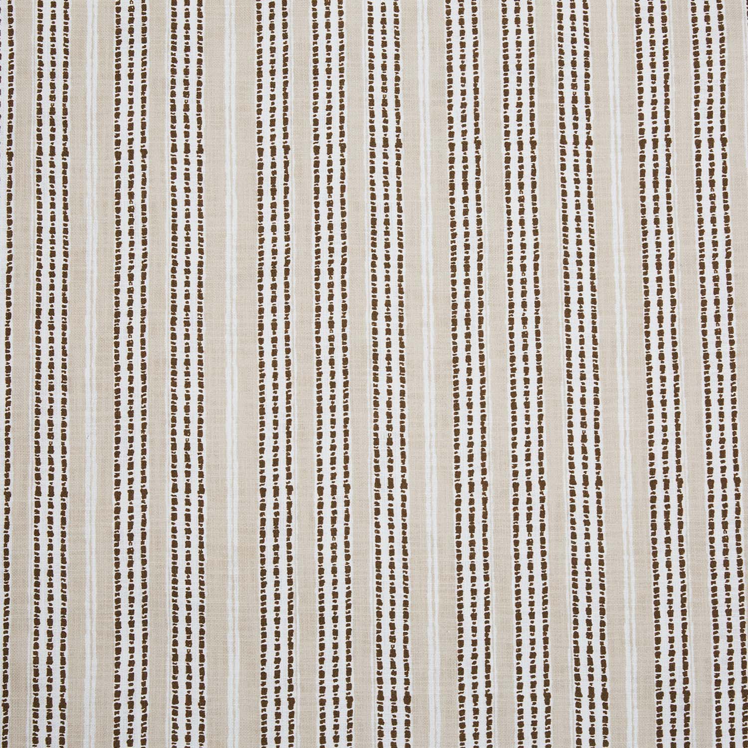 A close up of a John Robshaw Sancara Sand Fabric, beige and brown striped block print fabric.
