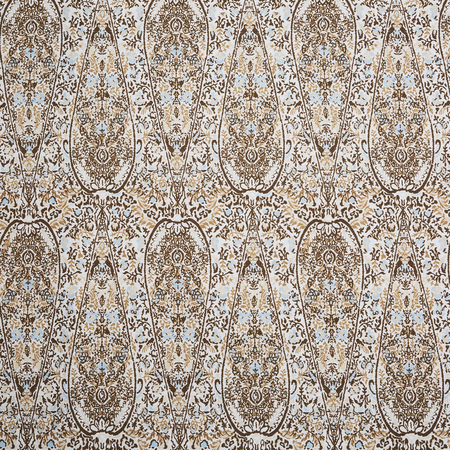 A John Robshaw Ishya Chestnut Fabric with a digitally printed beige and blue paisley pattern on a white background.