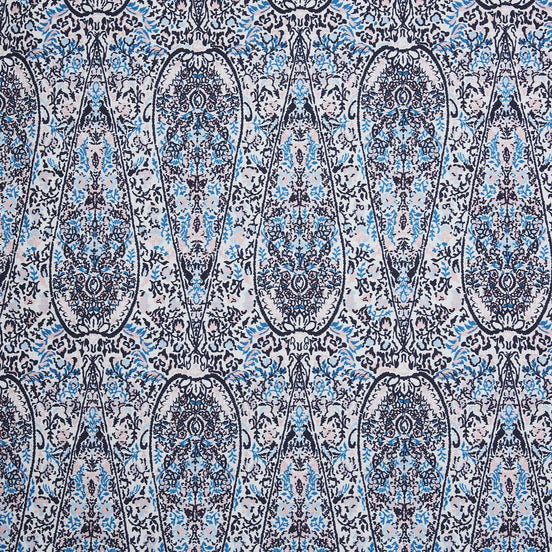 A John Robshaw Ishya Indigo Fabric in a blue and white paisley print on a white background.
