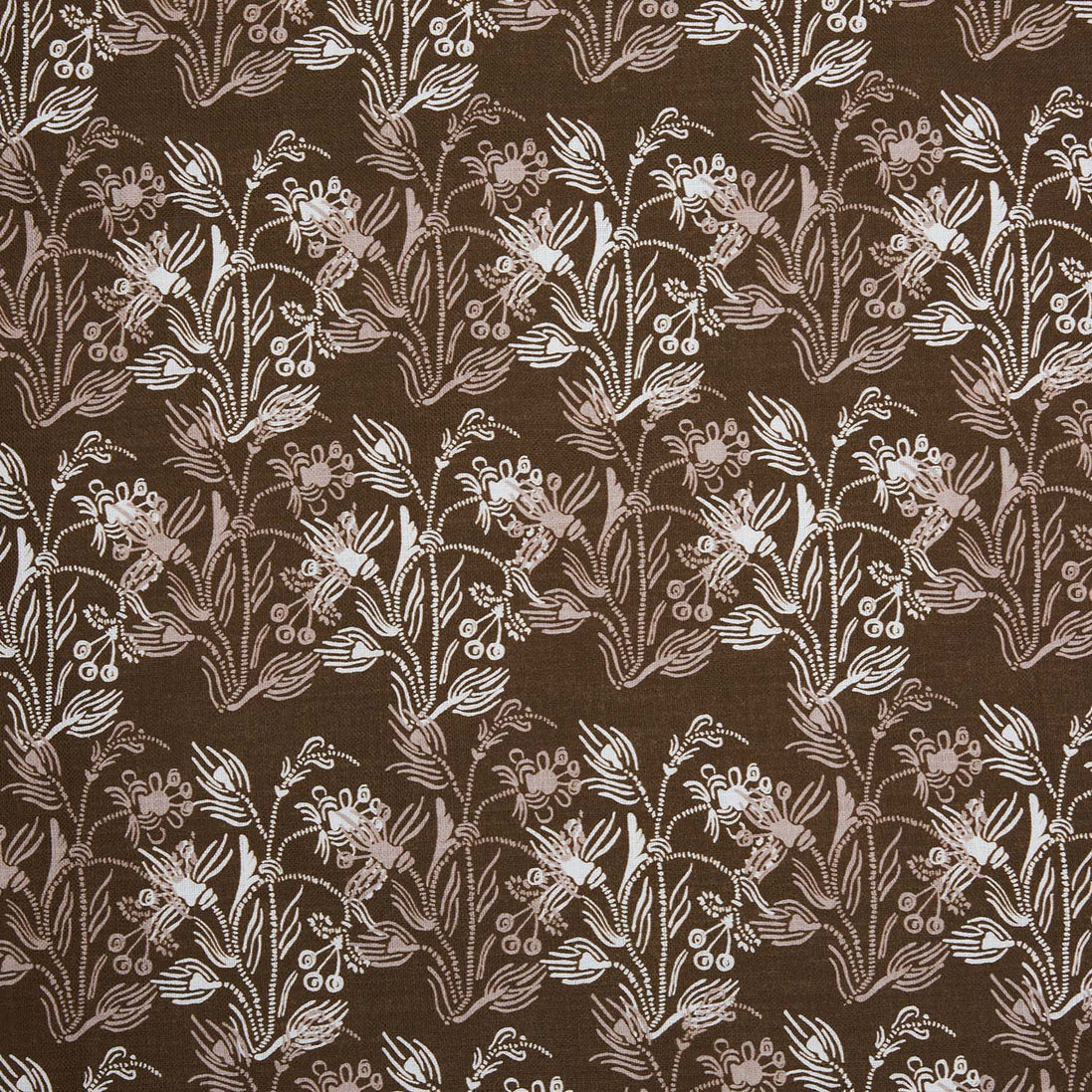 A digitally printed Ananya Chestnut Fabric by John Robshaw, featuring a brown and white floral pattern.