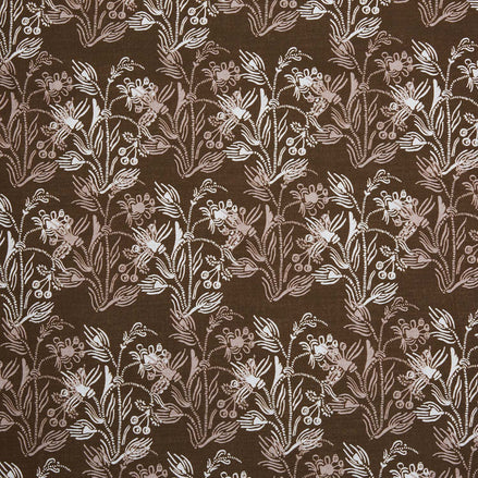 A digitally printed Ananya Chestnut Fabric by John Robshaw, featuring a brown and white floral pattern.