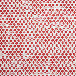 A red and white pattern, featuring traditional craftsmanship, with the Bindi Coral Fabric by John Robshaw.