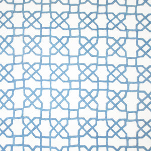 A blue and white pattern adorned with Mughal motifs, expertly crafted using traditional techniques of hand block printing, featuring the Citadel Light Indigo Fabric by John Robshaw.