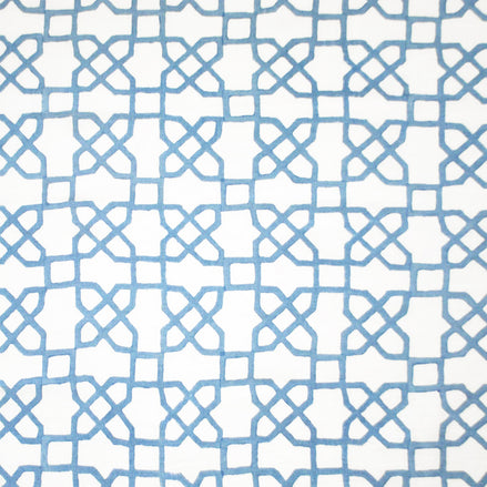 A blue and white pattern adorned with Mughal motifs, expertly crafted using traditional techniques of hand block printing, featuring the Citadel Light Indigo Fabric by John Robshaw.