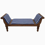 An Indian hard wood bench with a hand inlaid design and a blue striped cushion made from block printed fabrics, the Vintage Stripe Indigo Settee by John Robshaw. - 29412899717166