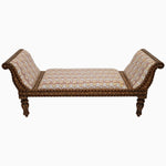 A hand-inlaid Indian hardwood Lanka Oyster Settee by John Robshaw with a patterned upholstered seat. - 29413008932910