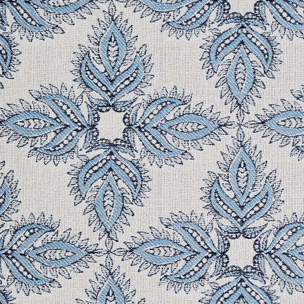 A Diba Azure Performance Fabric, inspired by fabric making traditions, featuring a blue and white floral pattern. Created by John Robshaw.