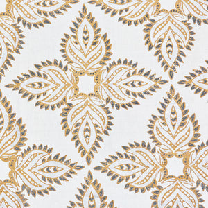 A golden paisley protective symbol, featuring the Diba Silver Fabric by John Robshaw.
