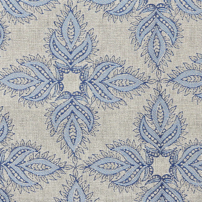 A blue and white embroidered John Robshaw Diba Smoke Performance Fabric.