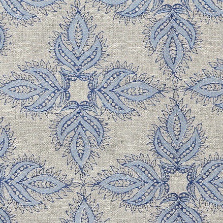 A blue and white embroidered John Robshaw Diba Smoke Performance Fabric.