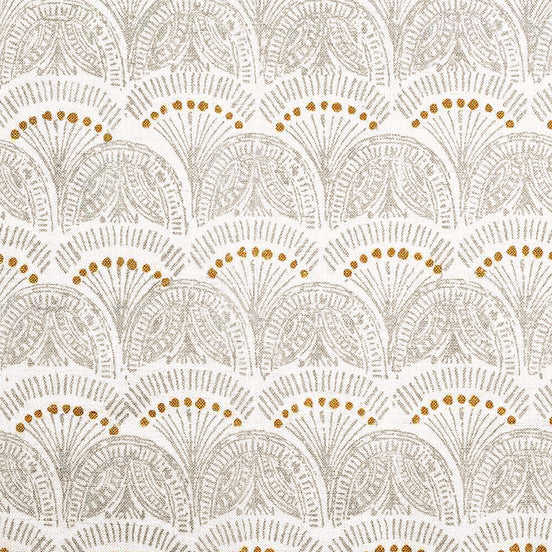 An ancient Greek-inspired pattern featuring handpainted white and gold motifs on a white background, showcasing traditional craftsmanship of the Faris Silver Fabric by John Robshaw.