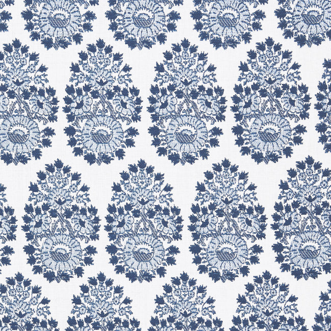 A blue and white paisley pattern on a white background featuring block prints, the Lanka Azure Performance Fabric by John Robshaw.